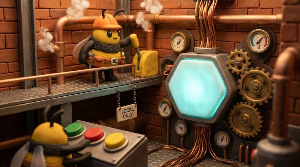 Bee engineer in engine room with glowing hexagonal core