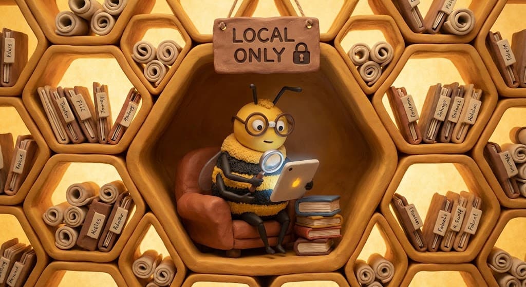Bee with glasses in honeycomb library with LOCAL ONLY sign