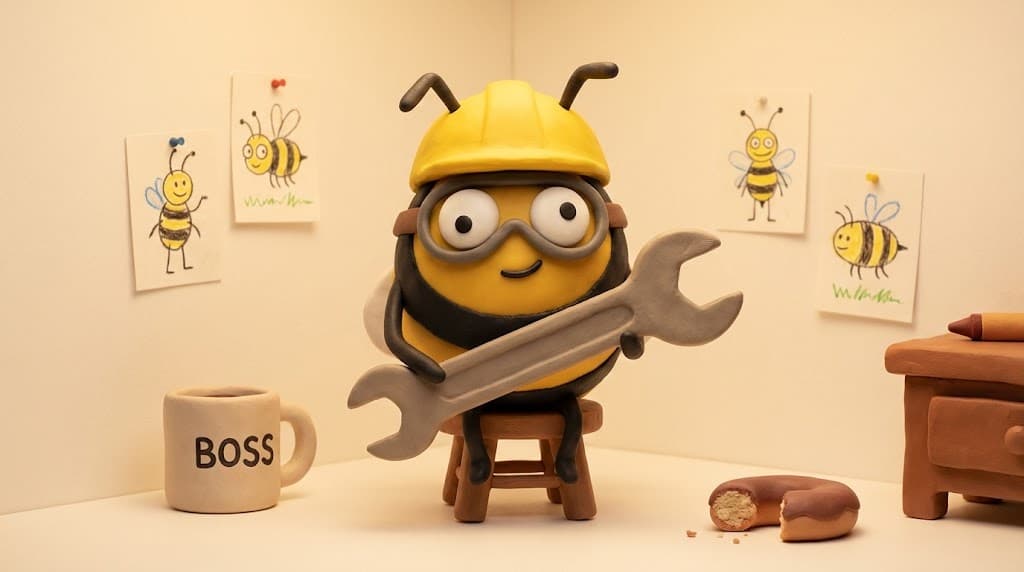 Cute bee with BOSS mug and donut — adorable exterior