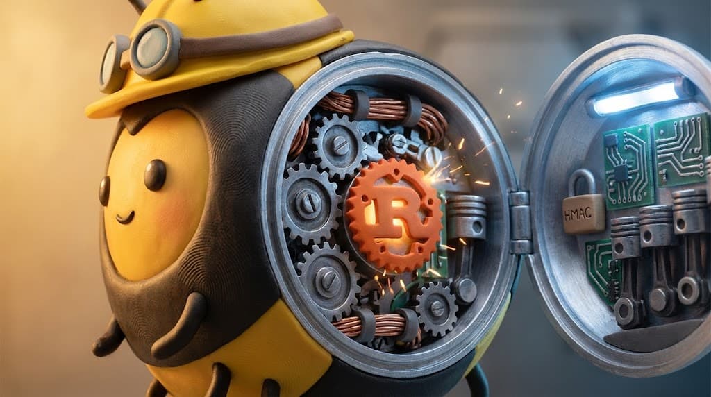 Same bee with back panel open — Rust gears and HMAC lock inside