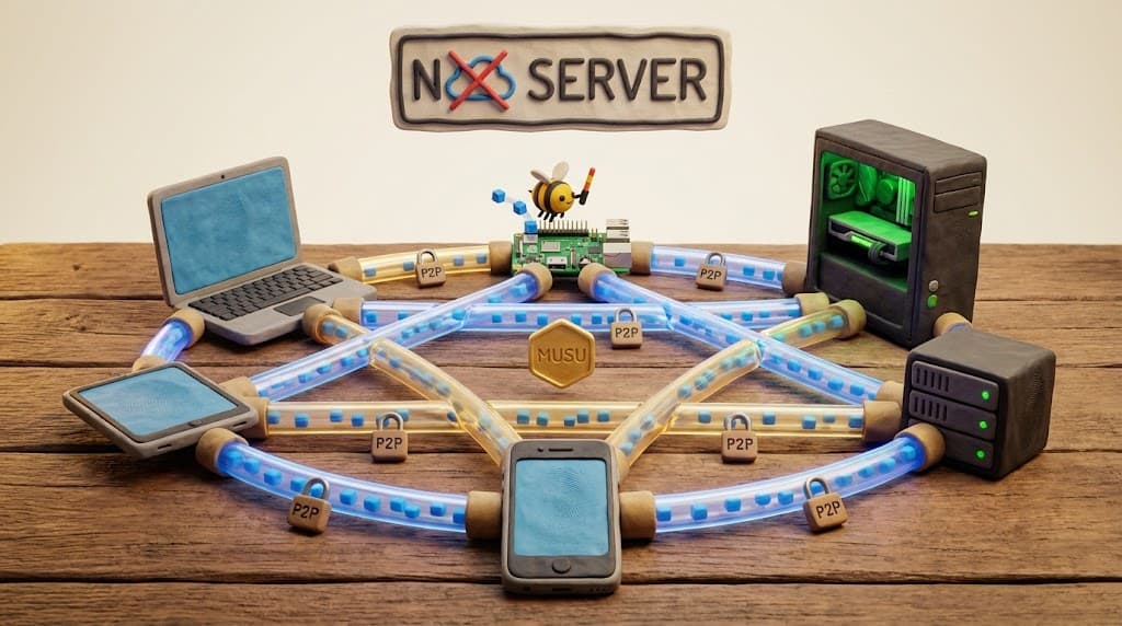 Six devices in mesh network — laptop, desktop, Raspberry Pi, phone, tablet, home server — all connected P2P with MUSU at center