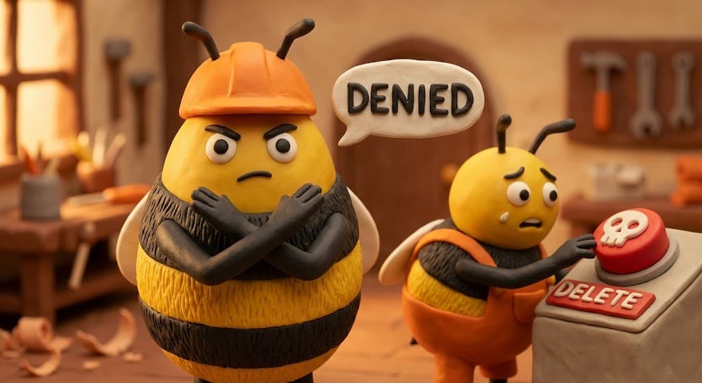 Warden bee blocking the delete button with DENIED speech bubble
